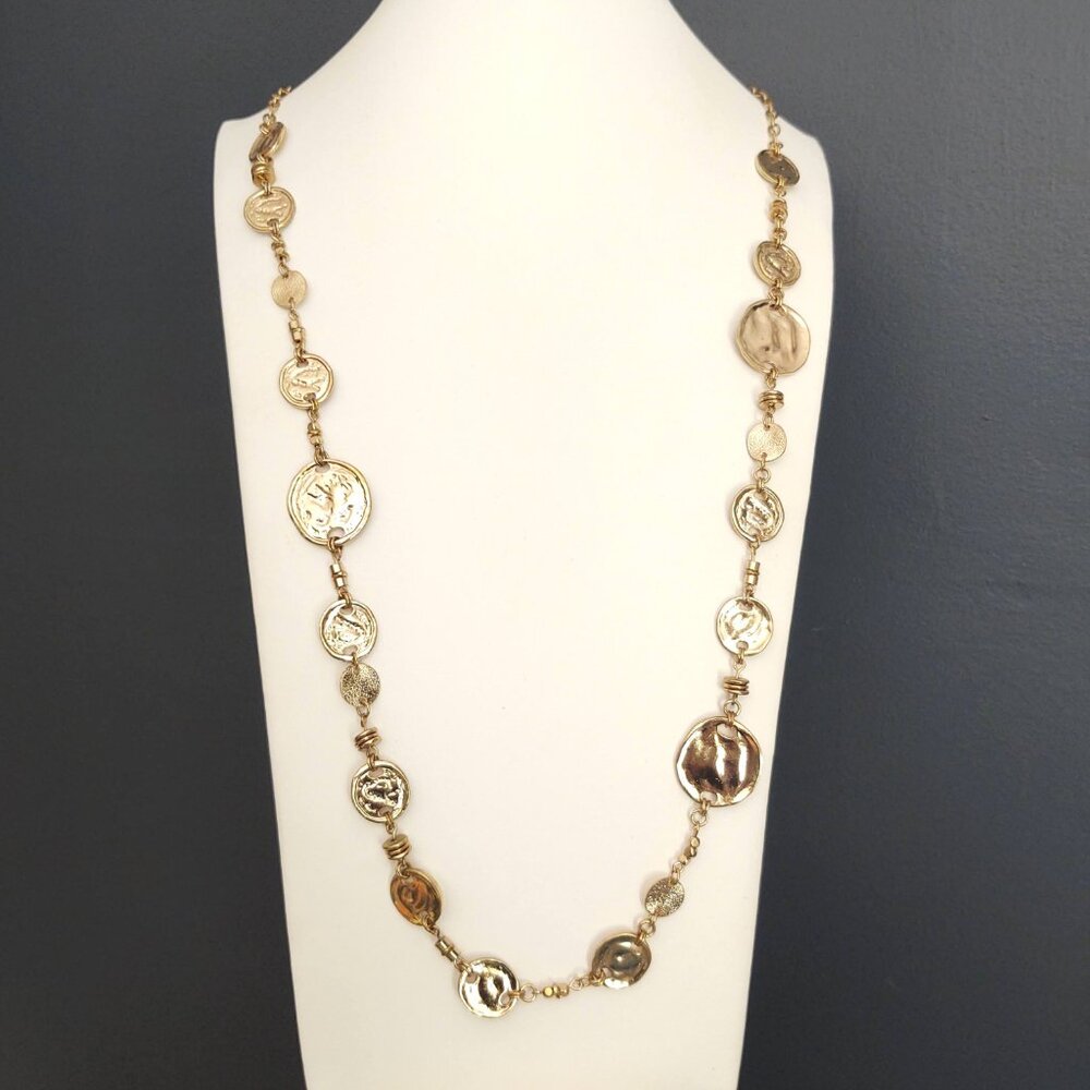 Long gold tone disk single strand necklace - Picture 2 of 12